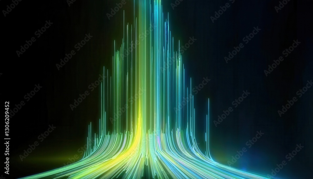 Poster futuristic neon light streaks in digital vortex, glowing data streams forming curved energy paths on dark background

