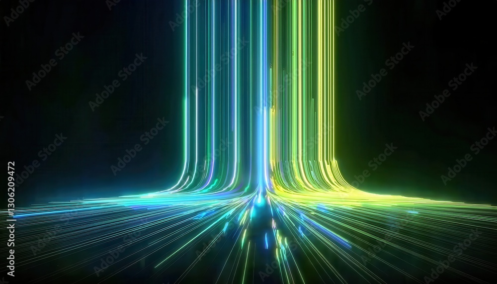Poster futuristic neon light streaks in digital vortex, glowing data streams forming curved energy paths on