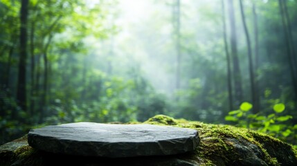 A textured grey podium rests on a moss-covered rock ledge, illuminated by dappled sunlight amid a dense forest in the background