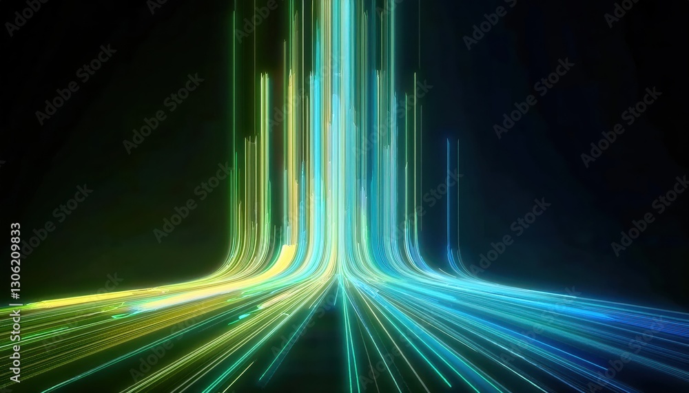 Poster futuristic neon light streaks in digital vortex, glowing data streams forming curved energy paths on dark background

