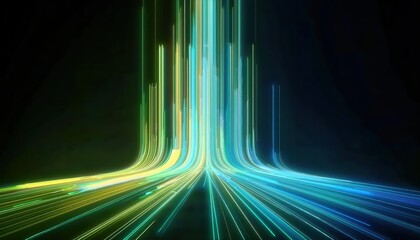 futuristic neon light streaks in digital vortex, glowing data streams forming curved energy paths on dark background

