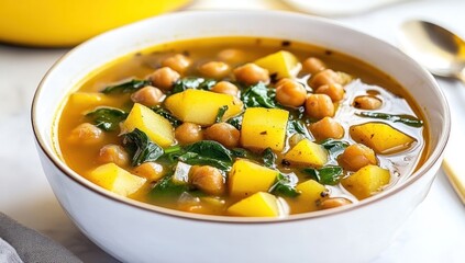 Hearty chickpea and potato soup with spinach.