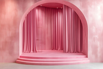 Elegant Pink Interior with Archway, Curtains and Platform for Display