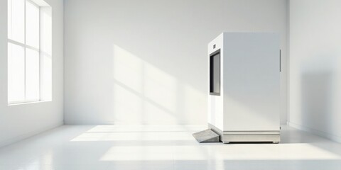Modern white kiosk in a minimalist room with sunlight streaming through a window