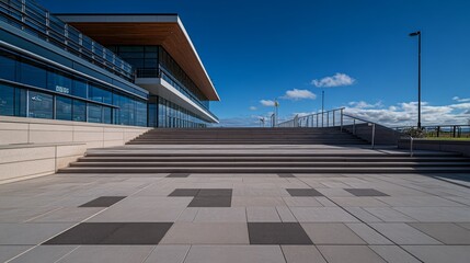 Concrete steps ascend to a contemporary glass entrance, framed by clean lines and bathed in sunlight, showcasing modern architecture against a vivid blue sky
