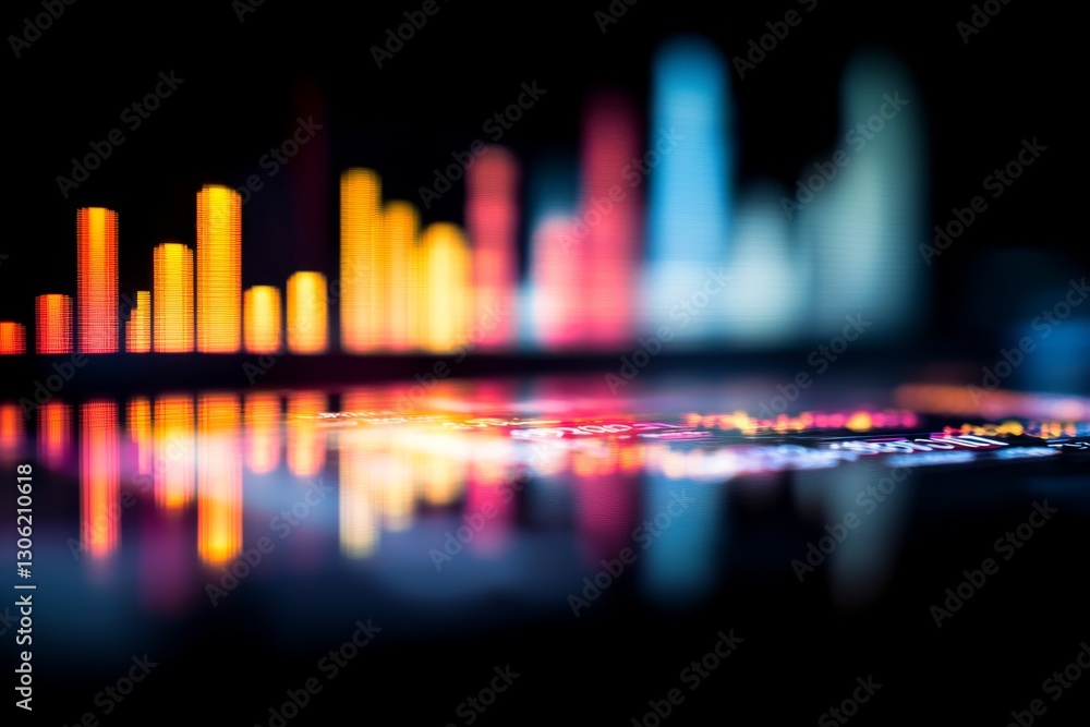 Poster A low-angle view of a digital skyscraper model reflects on a glossy stock chart with vibrant graphs, symbolizing urban economic growth