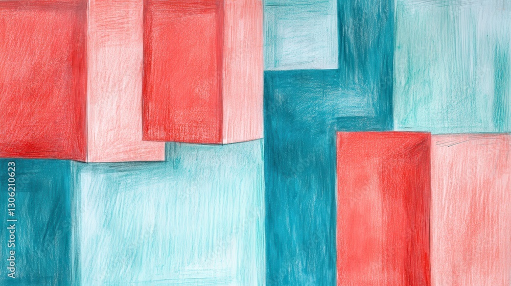 Aufkleber Abstract composition of pencil strokes featuring coral hues against a blue backdrop with dynamic shapes and textures