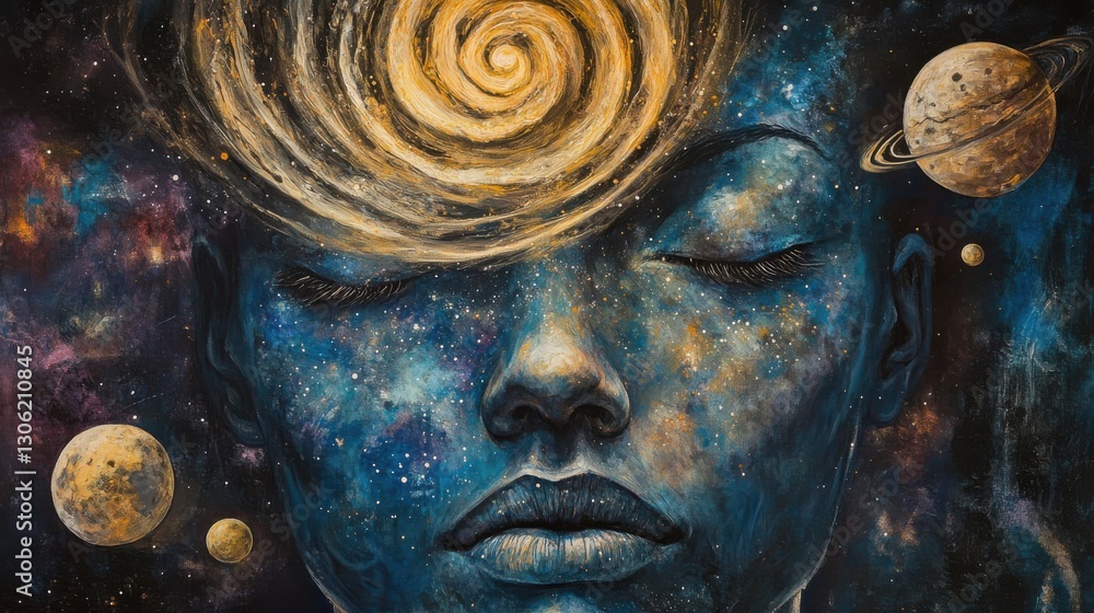Aufkleber mystical representation of a woman's face with cosmic elements and swirling patterns in a vibrant ga