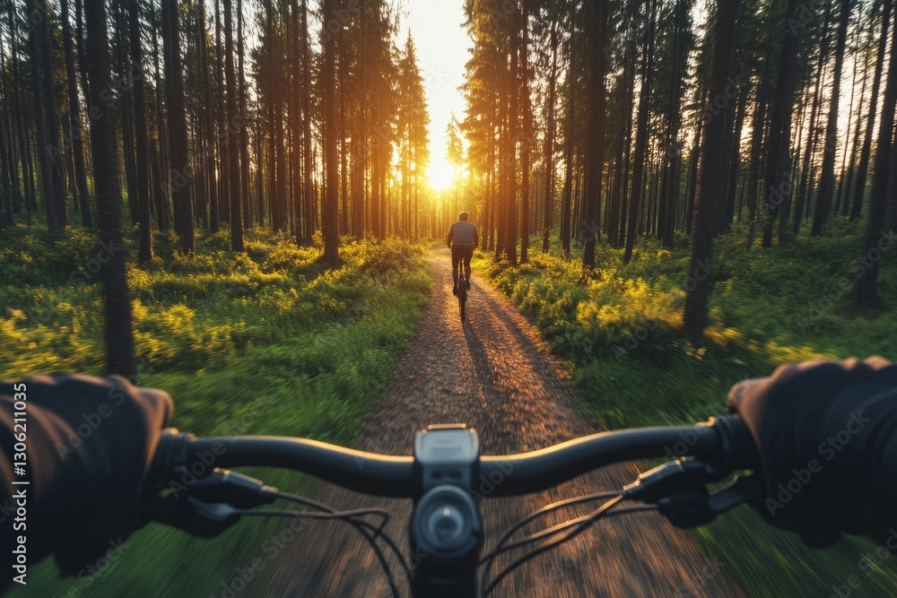 Poster a cyclist rides swiftly down a forest path, captured from a low angle. sunlight spills through tall 