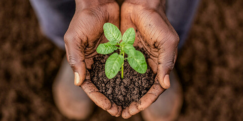 A pair of hands cradles a young plant with green leaves, nestled in rich soil, symbolizing growth, nurturing, and environmental care.