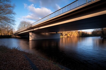 A large, elegant bridge stretches across a tranquil river while blue skies and scattered clouds create a picturesque backdrop highlighting contemporary infrastructure