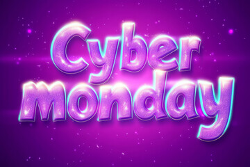 Cyber Monday neon text with purple glow and sparkling background