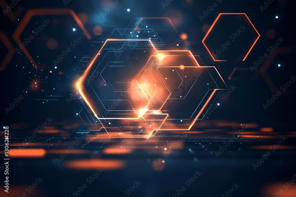 Poster hexagonal shapes with glowing light effects create futuristic background