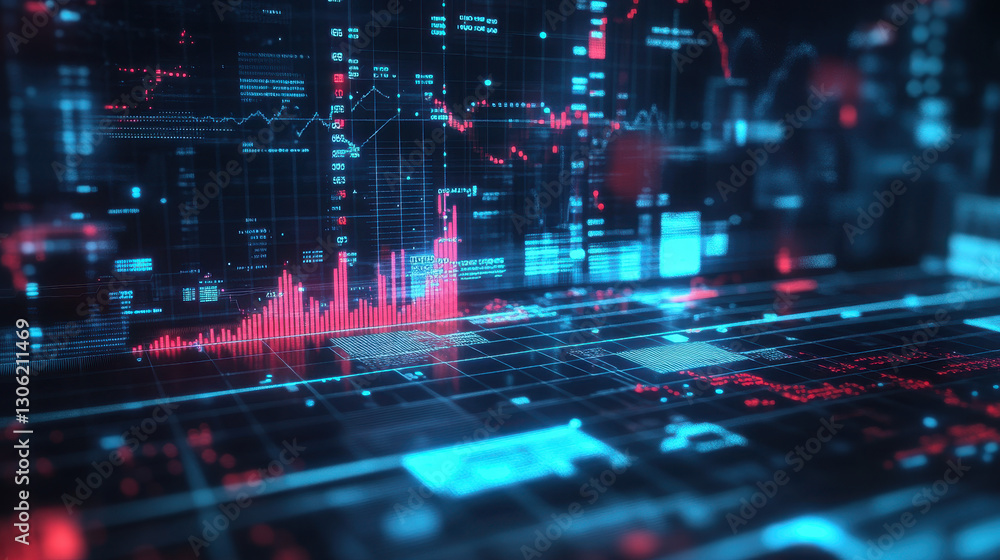 Poster high-tech background with glowing stock market charts and graphs