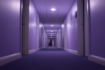 Purple-hued walls and soft ambient lighting enhance the mysterious allure of this hallway, creating a dramatic and luxurious ambiance at night