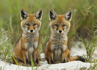 Fototapeta premium Enchanting gaze of twin jackal cubs amidst the serene grassy dunes