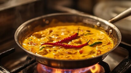 A curry in a frying pan on a lit gas flame of a commercial stove