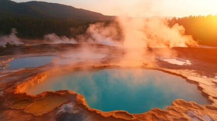 Fototapeta premium Low-angle view showcases surreal volcanic terrain with geothermal steam rising amid shimmering turquoise hot pools. Nature's beauty captivates all who visit