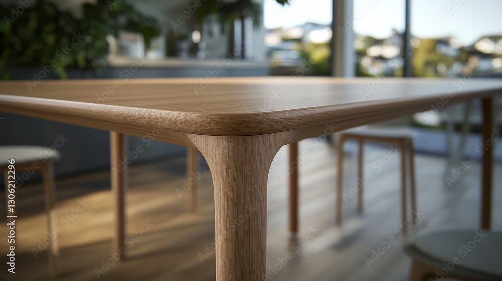 Aufkleber Empty wooden dining table in a bright kitchen showcases natural light enhancing its elegant grain, creating an inviting and spacious atmosphere for gatherings