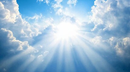 Soft rays of sunlight filter through storm clouds, illuminating the sky with a heavenly glow, creating a tranquil mood with open space on the left