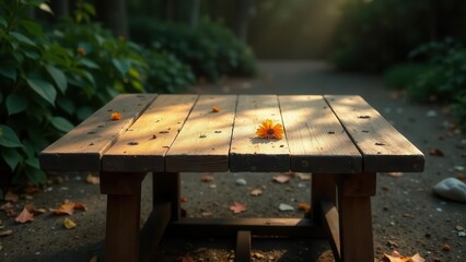 Naklejka premium Rustic wooden table outdoors bathed in sunlight with a single orange flower resting on its weathered surface, surrounded by fallen leaves and verdant foliage