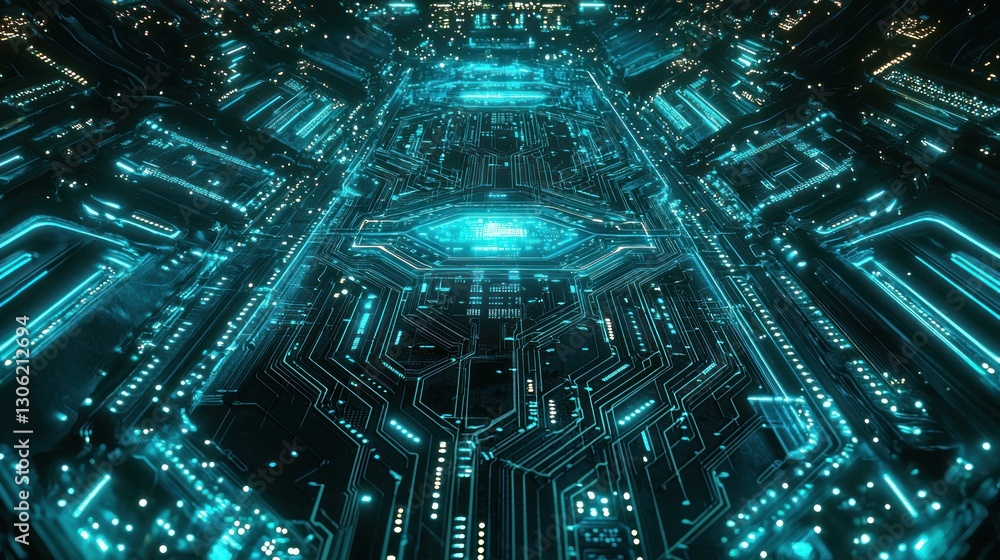 Aufkleber a vibrant futuristic circuit board displaying illuminated technology features