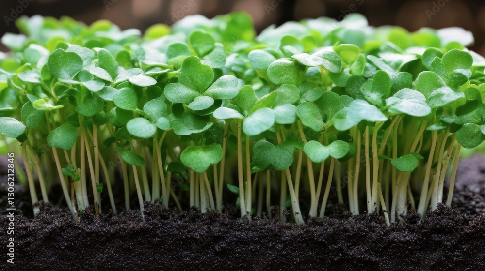 Poster fresh green sprouts rise from fertile soil, illuminated by soft sunlight. this scene captures the es