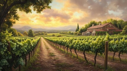 Fototapeta premium Sunset over Tuscan Vineyard: Golden Hour in Italy's Wine Country