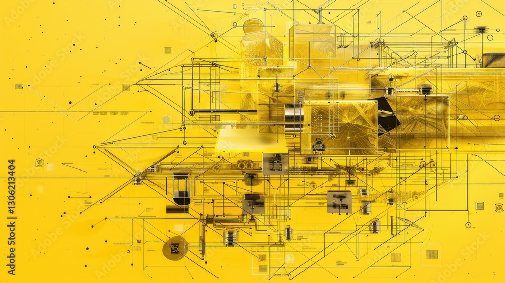 Poster this abstract diagram showcases microservice architecture in a vibrant yellow palette. it illustrate