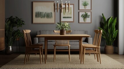 Fototapeta premium Modern Minimalist Dining Room with Elegant Wood Furniture and Plants