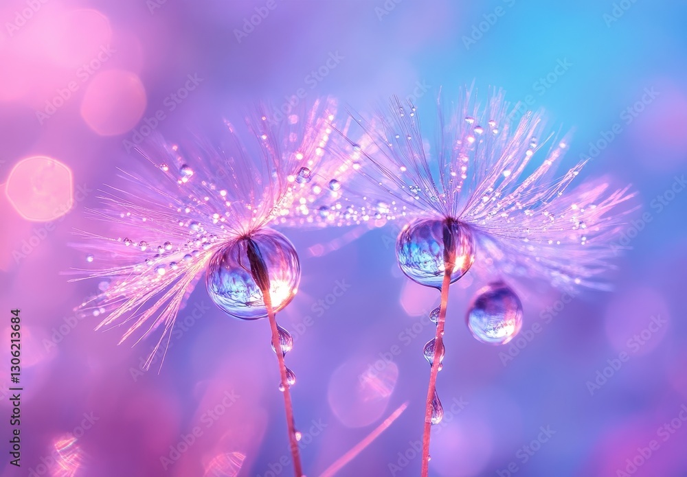 Aufkleber delicate droplets on dandelion seeds with a vibrant bokeh background in soft pink and blue hues, cre