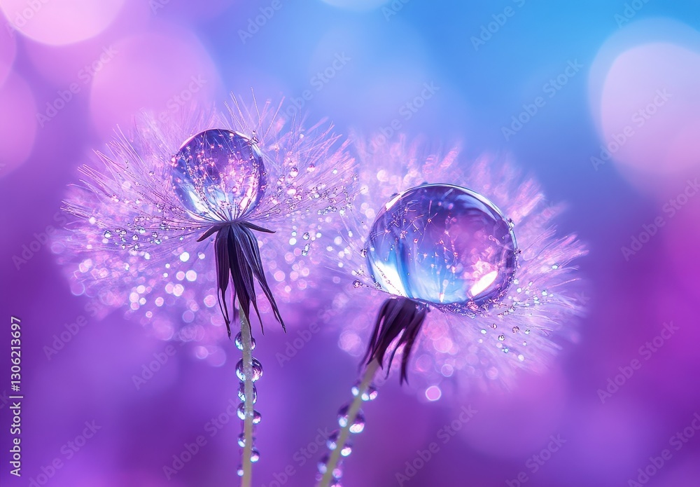 Poster delicate dandelion seeds with water droplets reflecting colorful background in soft focus under ligh