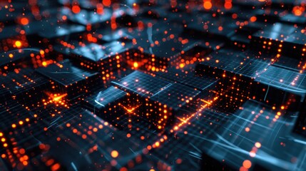 Obraz premium A captivating 3D render featuring dynamic particles and structures on a black background. The abstract design evokes technology and innovation, perfect for digital applications.