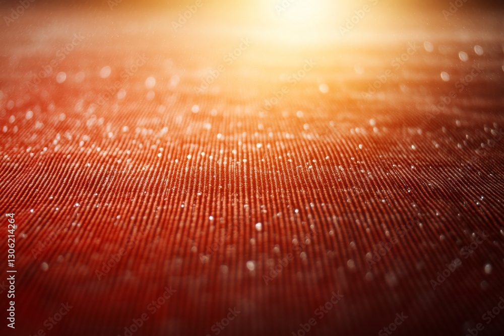 Poster red fabric texture glistens with tiny water droplets illuminated by bright light, highlighting its w