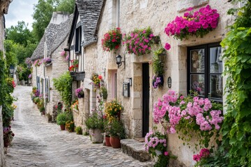 A quiet countryside village with cobblestone streets, quaint cottages, and flower boxes overflowing with vibrant blooms