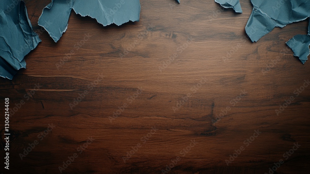 Aufkleber close view of torn notebook paper resting on a wooden desk under soft natural light, showcasing roug