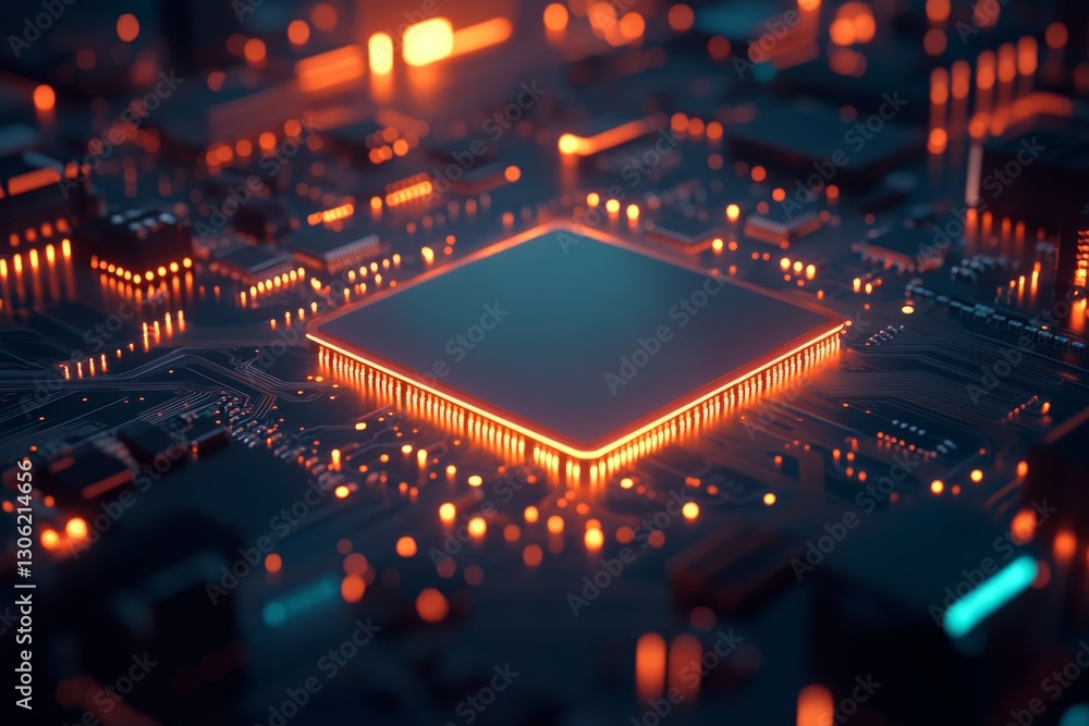 Aufkleber detailed macro shot reveals an ai chip nestled in a glossy green circuit board, showcasing glowing b