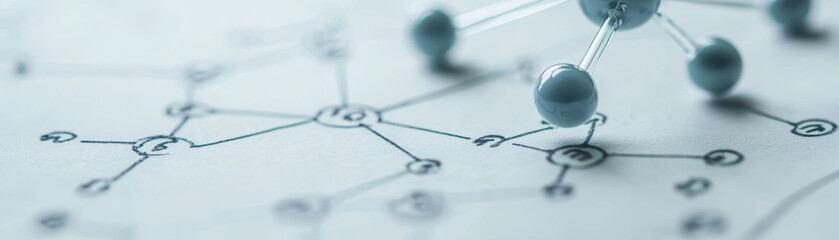 Fototapeta premium Quantum computing and creativity, Molecular structure and research notes on quantum mechanics concepts