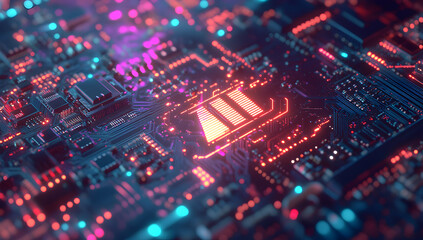 Futuristic technology background, detailed circuit board design and lights