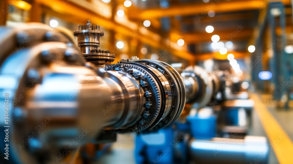Poster This macro shot features a futuristic industrial gas turbine engine with detailed metallic components, set against a soft backdrop highlighting its robust design