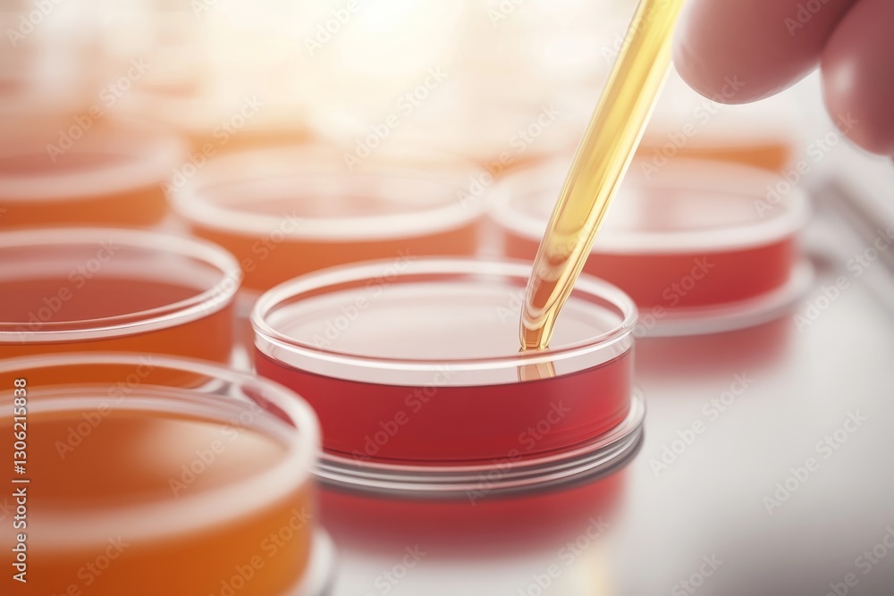 Poster Colorful oil and water bubbles mix in a Petri dish, revealing a captivating abstract composition with vivid colors and intricate patterns against a soft backdrop