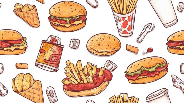 Seamless pattern featuring various fast food items including burgers fries and soft drinks