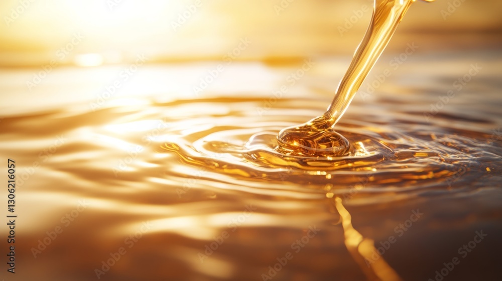 Poster Golden honey swirls down in a captivating spiral, illuminated by soft natural light, creating a warm, glossy texture that enhances its allure