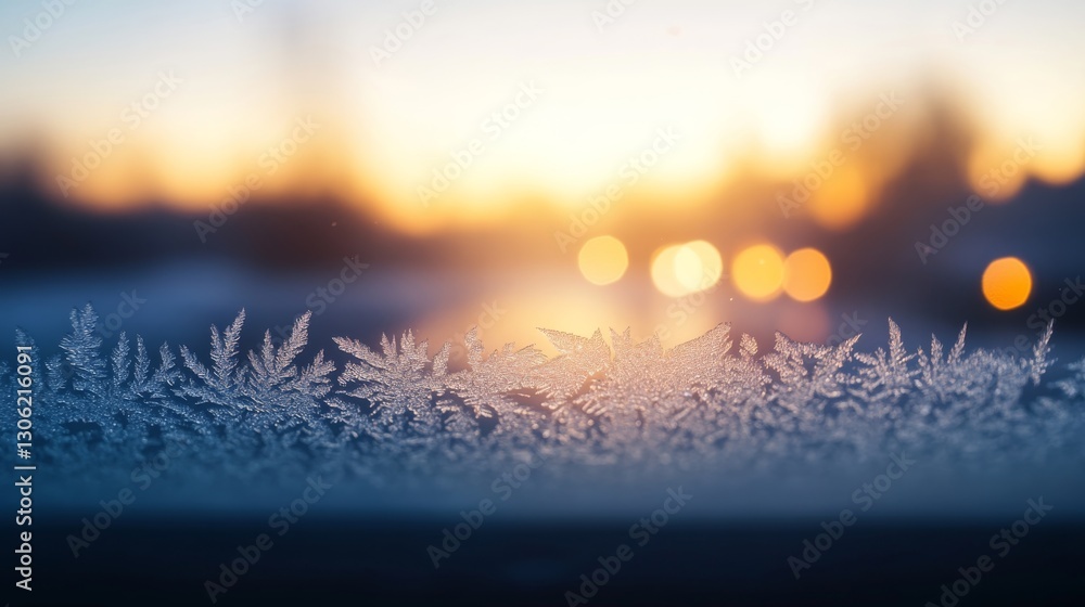 Poster Delicate frost formations decorate a windowpane as soft light filters through, embodying a tranquil winter morning filled with intricate beauty