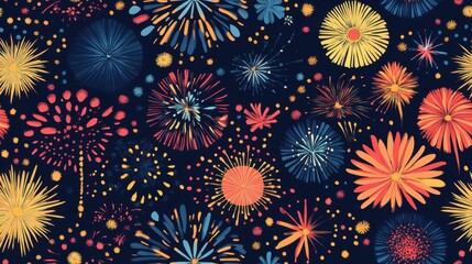 Seamless pattern featuring fireworks and various confections in vibrant colors