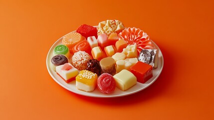 A dish of assorted sweets isolated on an orange background