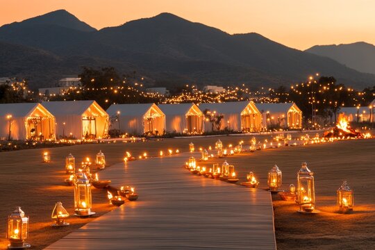 A serene village celebrating Diwali, with homes lit by diyas and a bonfire in the center