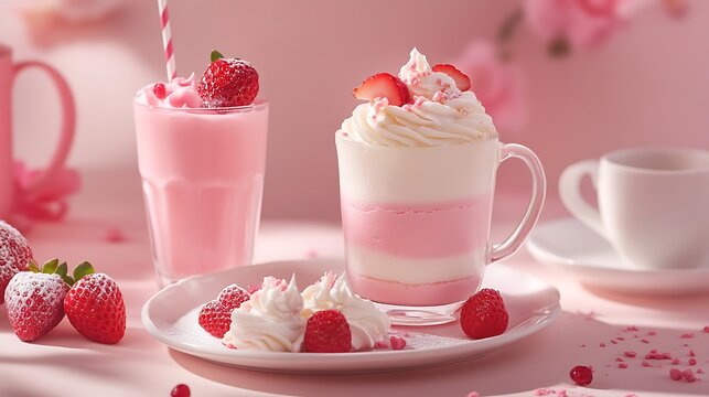 A dish of chou cream and a glass of stawberry chease cake with a cup