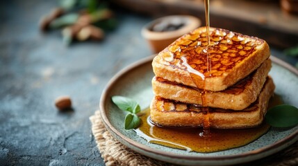 Plate with a stack of golden brown pancakes topped with syrup and butter on a wooden table