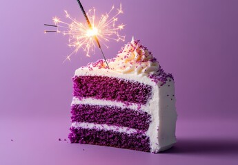 Delicious purple cake slice with sparkler on top against a vibrant purple background perfect for celebrations and festive occasions created with sweet indulgence